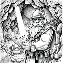 A meticulously detailed black and white drawing of a dwarven genius mining engineer at work in an underground mine