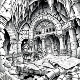 A highly detailed black and white drawing of a dwarven genius mining engineer constructing remarkable underground structures in a vast mine