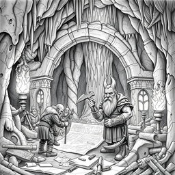 A highly detailed black and white drawing of a dwarven genius mining engineer constructing remarkable underground structures in a vast mine