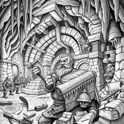 A highly detailed black and white drawing of a dwarven genius mining engineer constructing remarkable underground structures in a vast mine