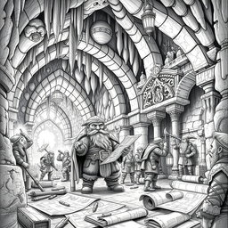 A highly detailed black and white drawing of a dwarven genius mining engineer constructing remarkable underground structures in a vast mine