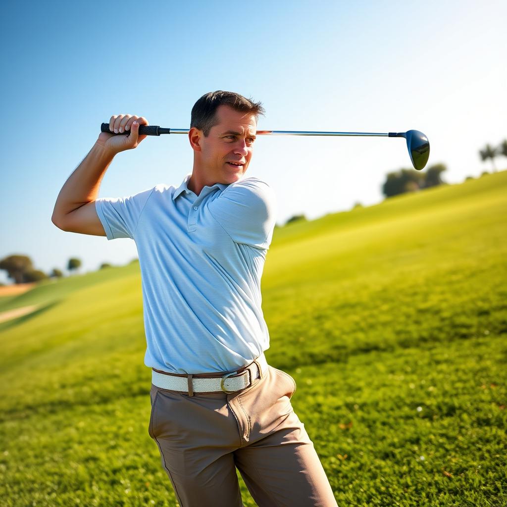 A 48-year-old man with a normal figure, short dark hair, and a round shaved face, enthusiastically playing golf on a sunny day