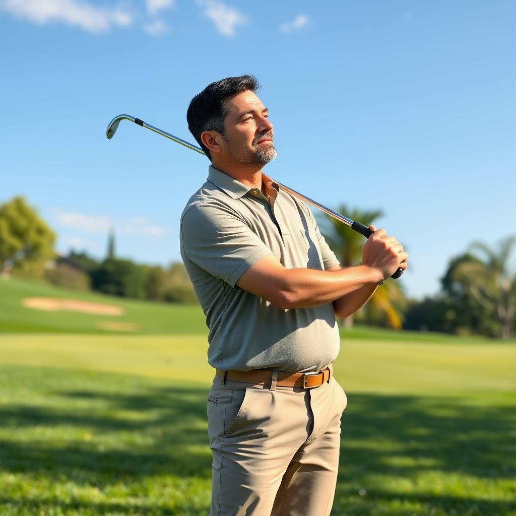 A 48-year-old man with a normal figure, sporting short dark hair and a round shaved face, is enjoying a sunny day on a beautifully manicured golf course