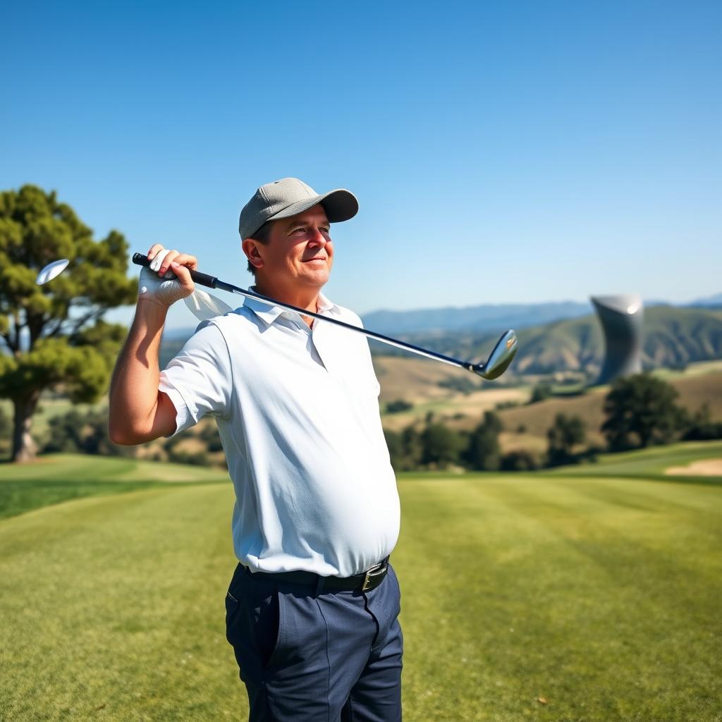 A 48-year-old man with a normal figure and short dark hair, sporting a round shaved face, is energetically playing golf on a lush green golf course