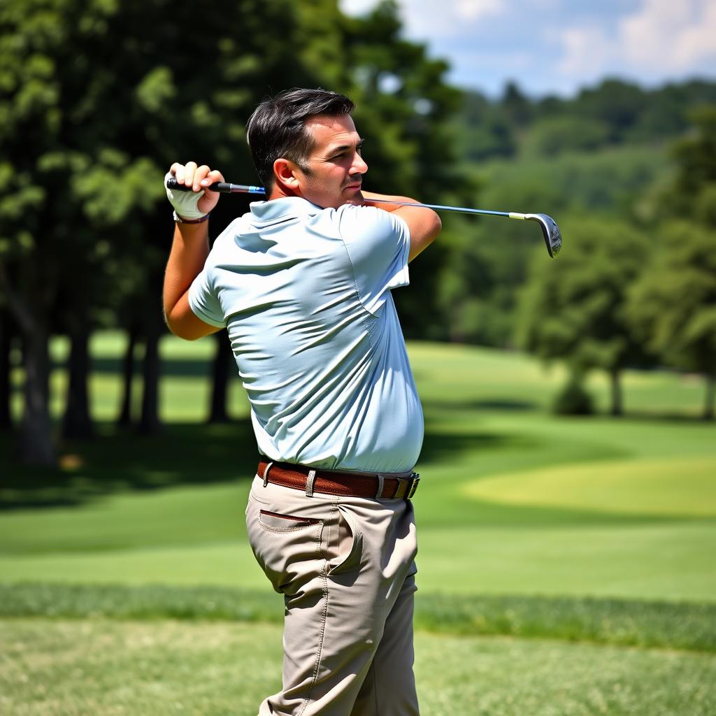 A 48-year-old man with a normal physique, sporting short dark hair and a round shaved face, is captured mid-swing while playing golf on a sunny day at a beautiful golf course