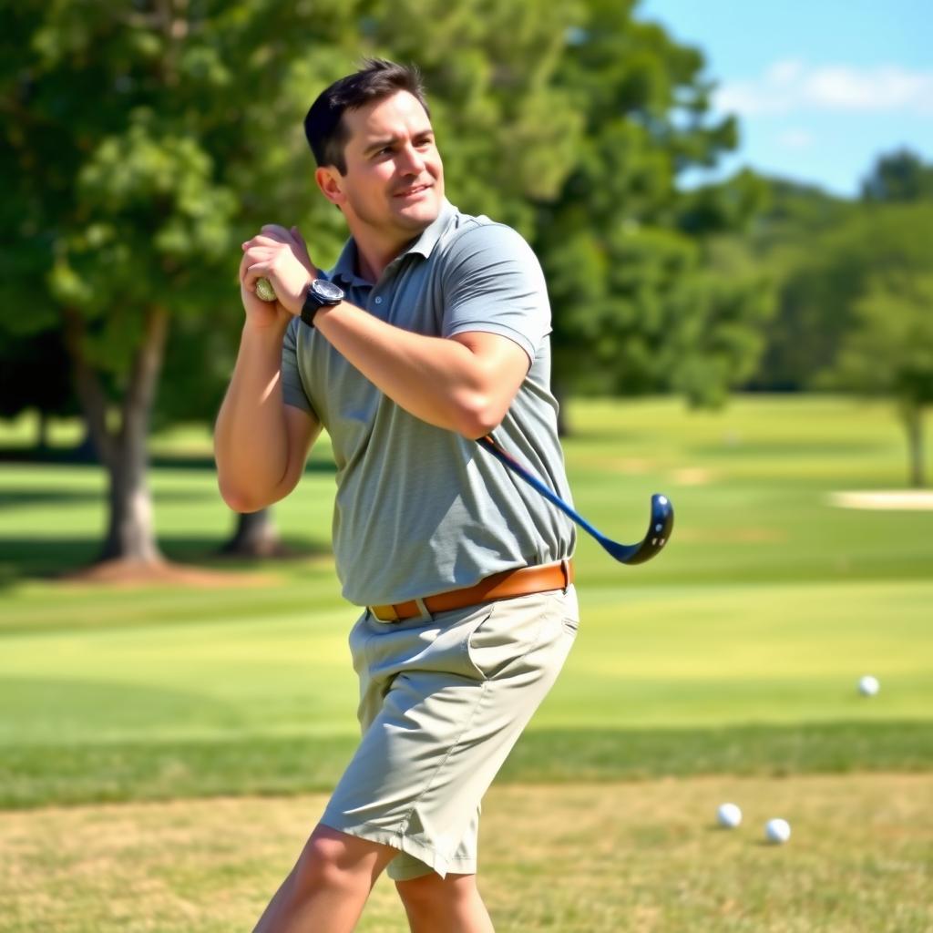 A 47-year-old man with a normal figure, short dark hair, and a round shaved face, enjoying a round of golf
