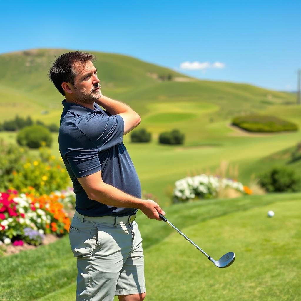 A 47-year-old man with a normal build, sporting short dark hair and a round, shaved face, enjoying a sunny day playing golf