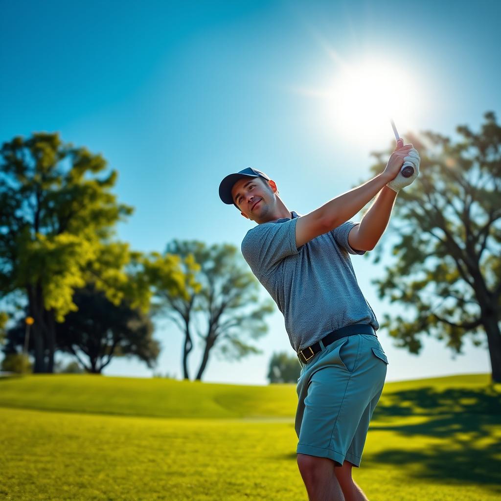 A 47-year-old man with a normal build, sporting short dark hair and a round shaved face, is engaged in playing golf on a beautiful green course