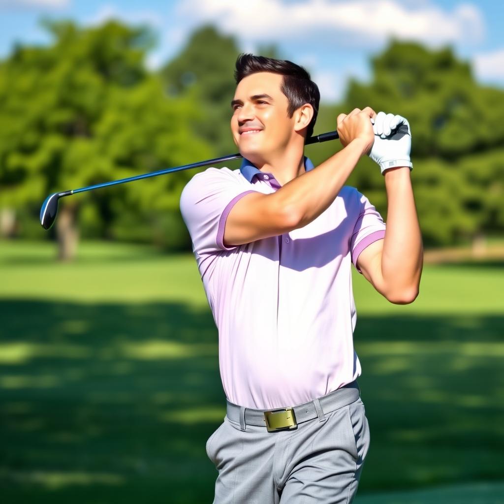 A 47-year-old man with a normal physique, short dark hair, and a round shaved face, is playing golf on a sunny day