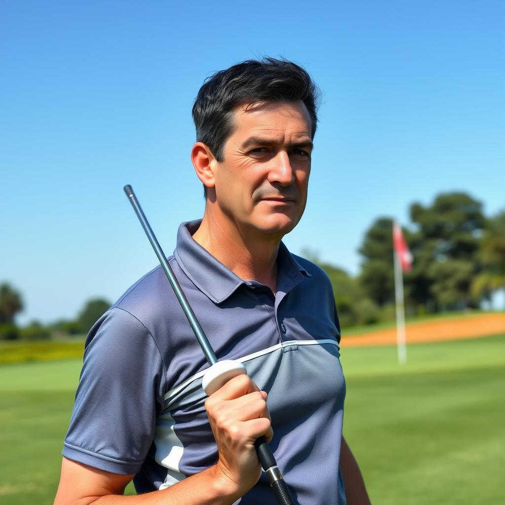A 48-year-old man with a normal physique, short dark hair, and a round shaved face, dressed in a sporty, casual golfing outfit