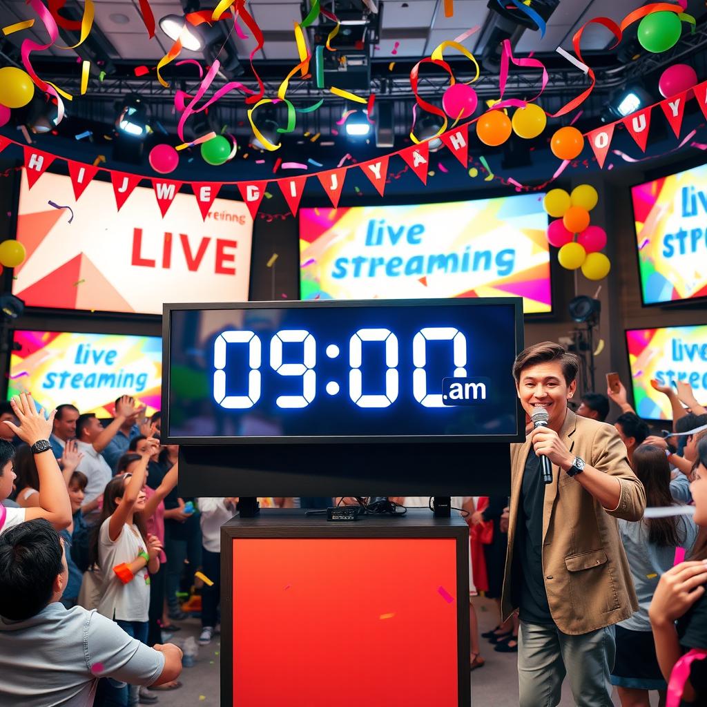 An energetic countdown clock showing 9:00 AM, surrounded by colorful banners and confetti