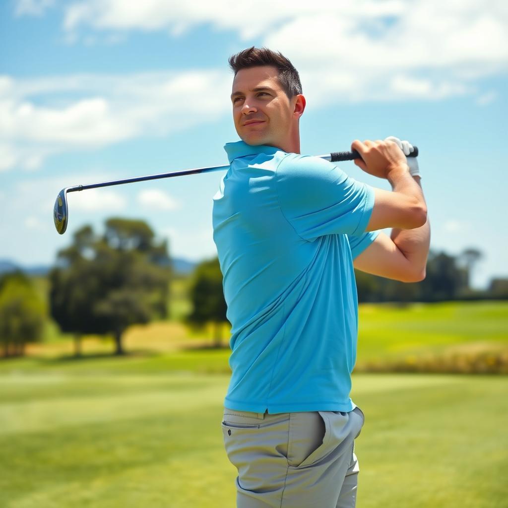 A 48-year-old man with a normal figure, short dark hair, and a round shaved face, enjoying a sunny day on the golf course