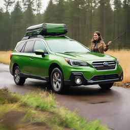 A young brunette woman driving a vibrant green Subaru Outback, with a fishing rod attached to the roof.