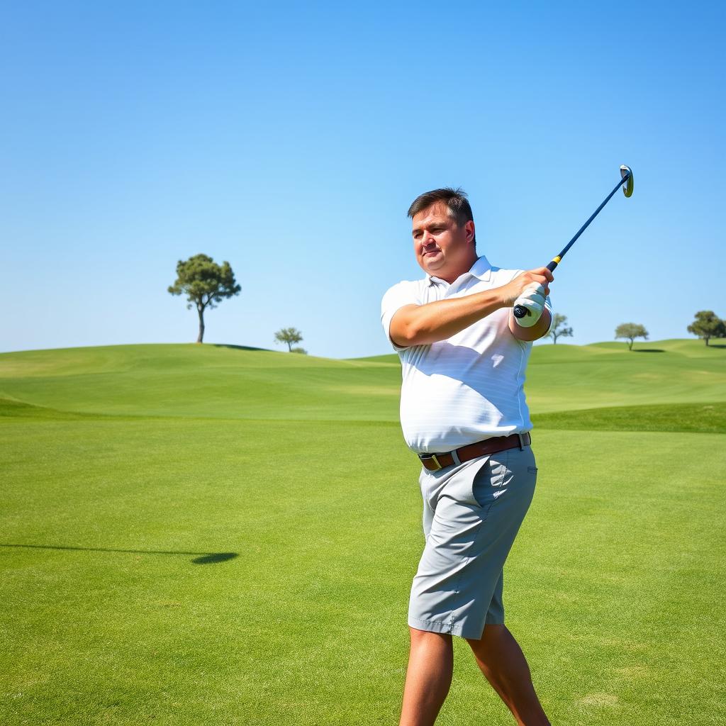 A 48-year-old man with a normal figure, short dark hair, and a round shaved face is playing golf