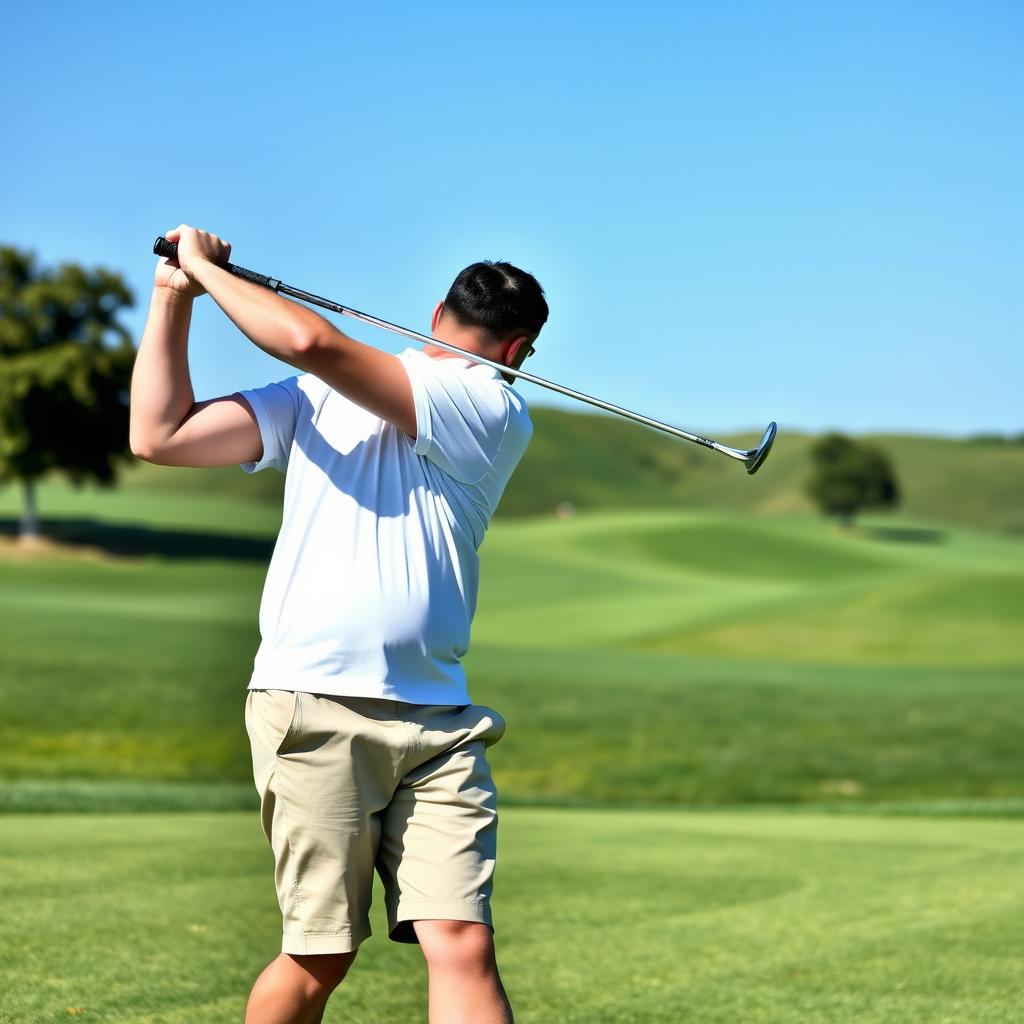 A 48-year-old man with a normal athletic figure, short dark hair, and a round shaved face, is playing golf