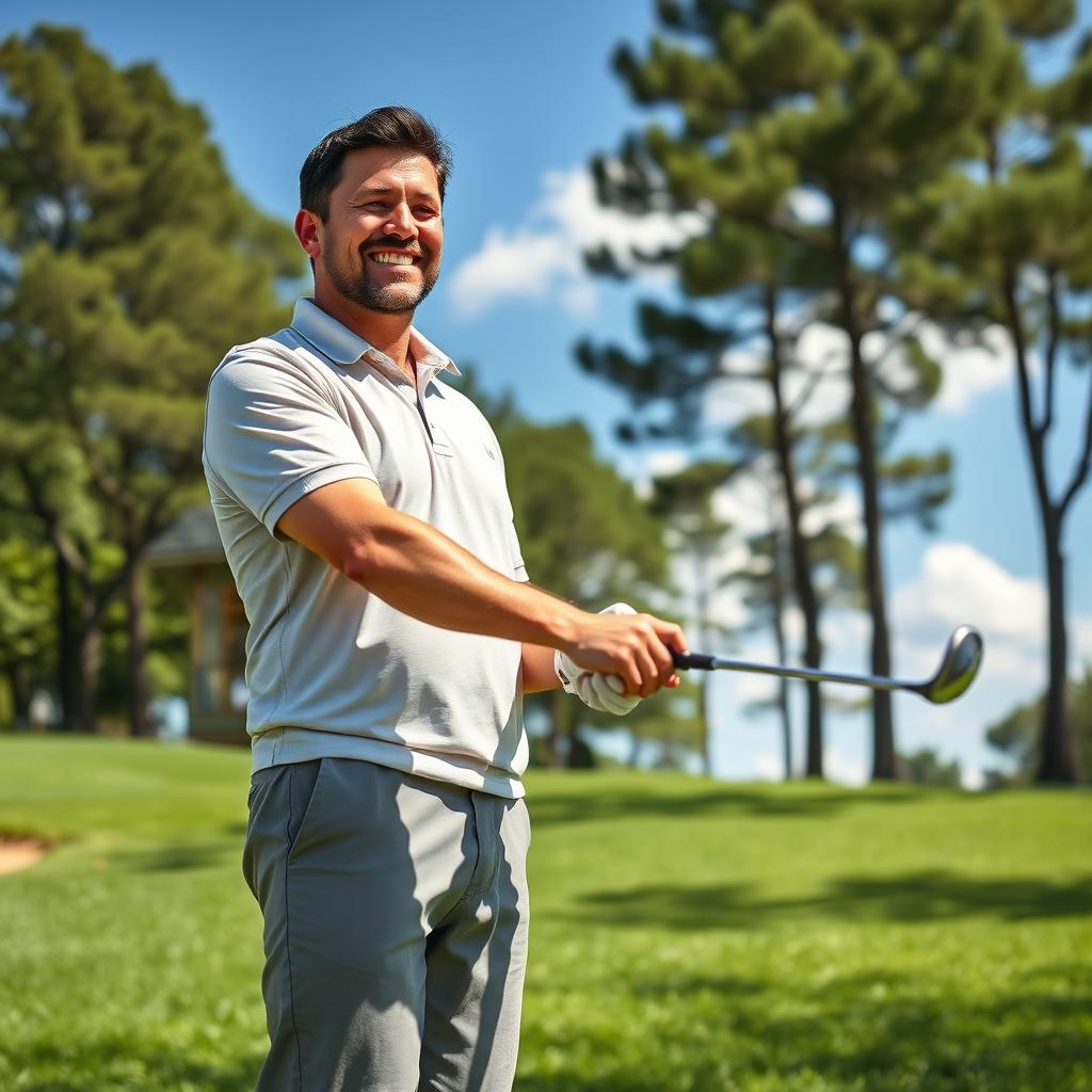 A 48-year-old man with a normal build, short dark hair, and a round shaved face, enjoying a sunny day on the golf course while playing golf