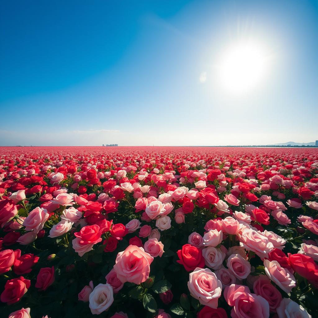 A breathtaking view of a vast sea of roses, blooming in various shades of red, pink, and white, stretching endlessly under a clear blue sky