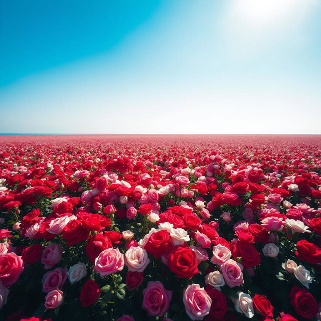 A breathtaking view of a vast sea of roses, blooming in various shades of red, pink, and white, stretching endlessly under a clear blue sky