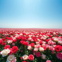 A breathtaking view of a vast sea of roses, blooming in various shades of red, pink, and white, stretching endlessly under a clear blue sky