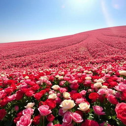 A breathtaking view of a vast sea of roses, blooming in various shades of red, pink, and white, stretching endlessly under a clear blue sky