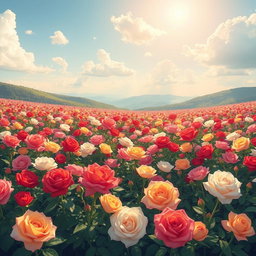 A vast sea of roses, beautifully illustrated in a vibrant, colorful style
