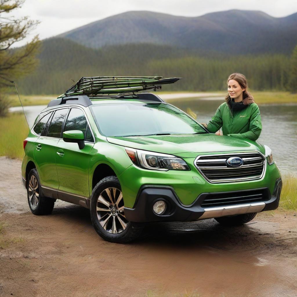 A young brunette woman driving a vibrant green Subaru Outback, with a fishing rod attached to the roof.