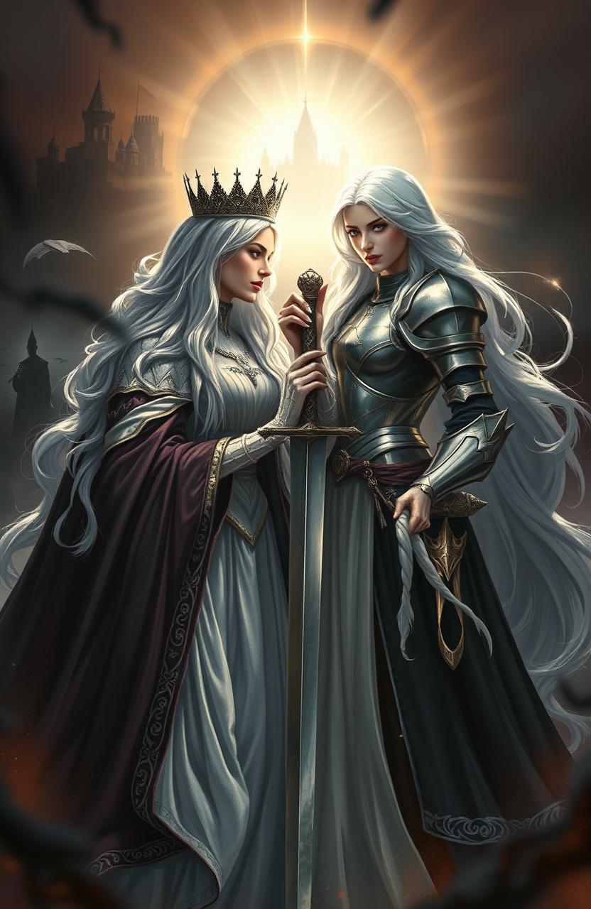 A majestic queen surrounded by a radiant light, gently resting one hand on a fierce female knight characterized by long flowing white hair, who is confidently holding a sword