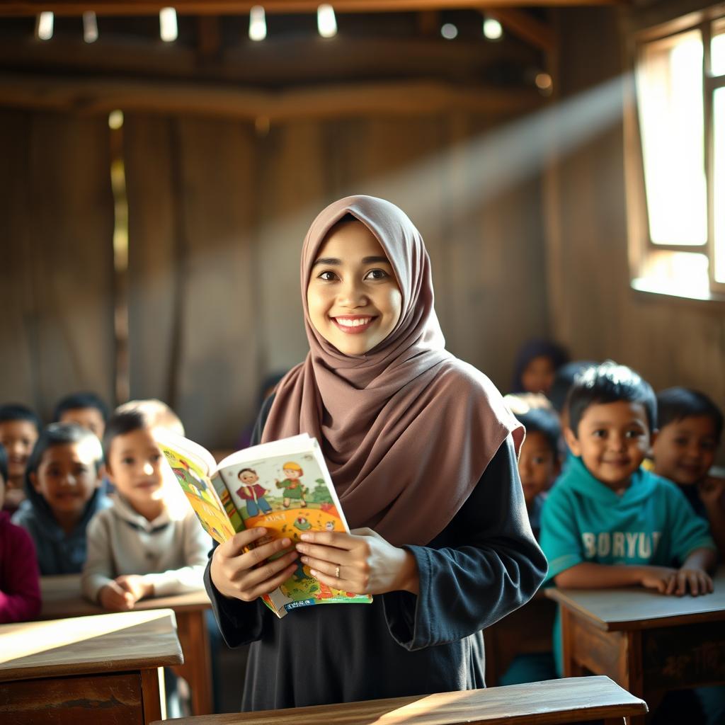 A young Indonesian Muslim woman standing in a simple classroom in a rural village, wearing a modest hijab and displaying a warm smile