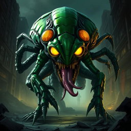 An alien Martian soldier depicted as a fierce warrior, showcasing an imposing green and black carapace that glistens with an otherworldly sheen
