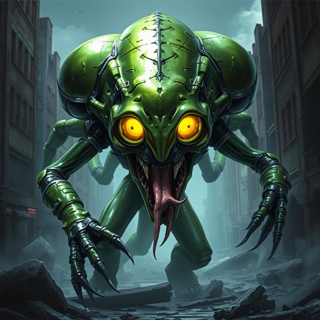 An alien Martian soldier depicted as a fierce warrior, showcasing an imposing green and black carapace that glistens with an otherworldly sheen