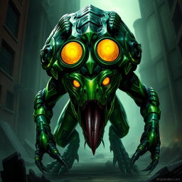 An alien Martian soldier depicted as a fierce warrior, showcasing an imposing green and black carapace that glistens with an otherworldly sheen