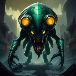 An alien Martian soldier depicted as a fierce warrior, showcasing an imposing green and black carapace that glistens with an otherworldly sheen