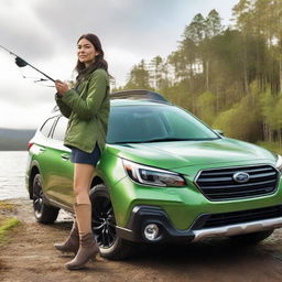 A young brunette woman driving a vibrant green Subaru Outback, with a fishing rod attached to the roof.