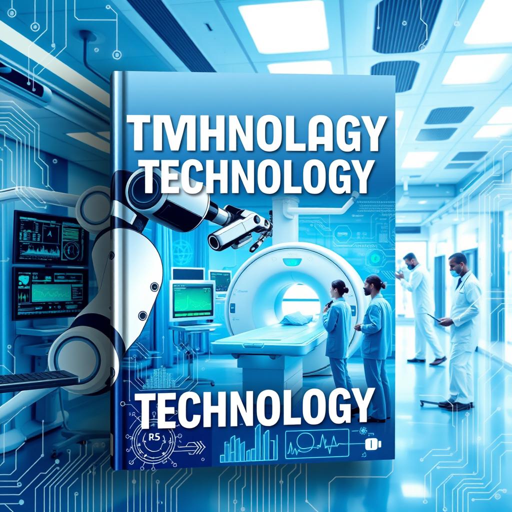 A vibrant and modern book cover focused on medical technology, featuring advanced medical equipment such as a robotic surgical arm, digital health monitors, and cutting-edge imaging devices like MRI machines