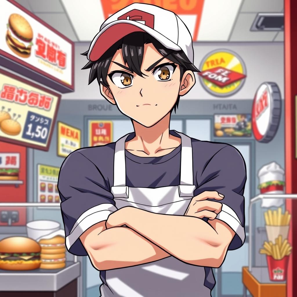 An anime-style cover art featuring a male fast food worker with slick black hair and striking hazel eyes