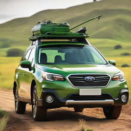 A young brunette woman driving a vibrant green Subaru Outback, with a fishing rod attached to the roof.