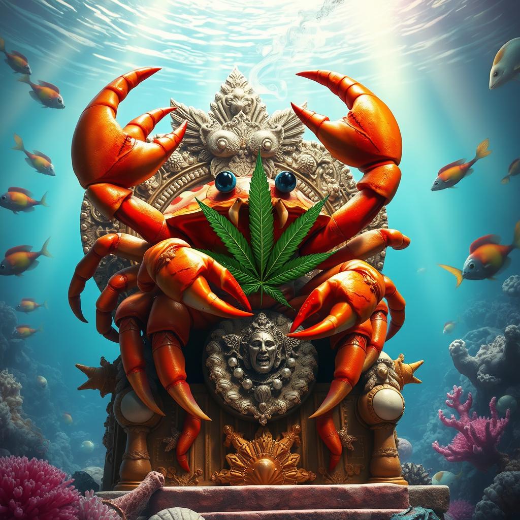 A majestic crab god sitting on a grand throne made of coral and seashells, exuding an aura of power and wisdom