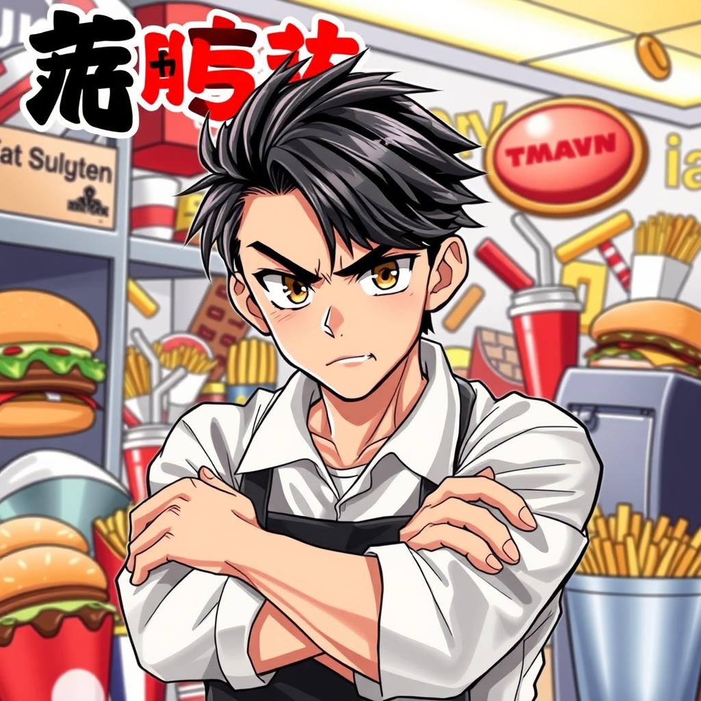 A vibrant band album cover featuring an adult male fast food worker in an anime art style