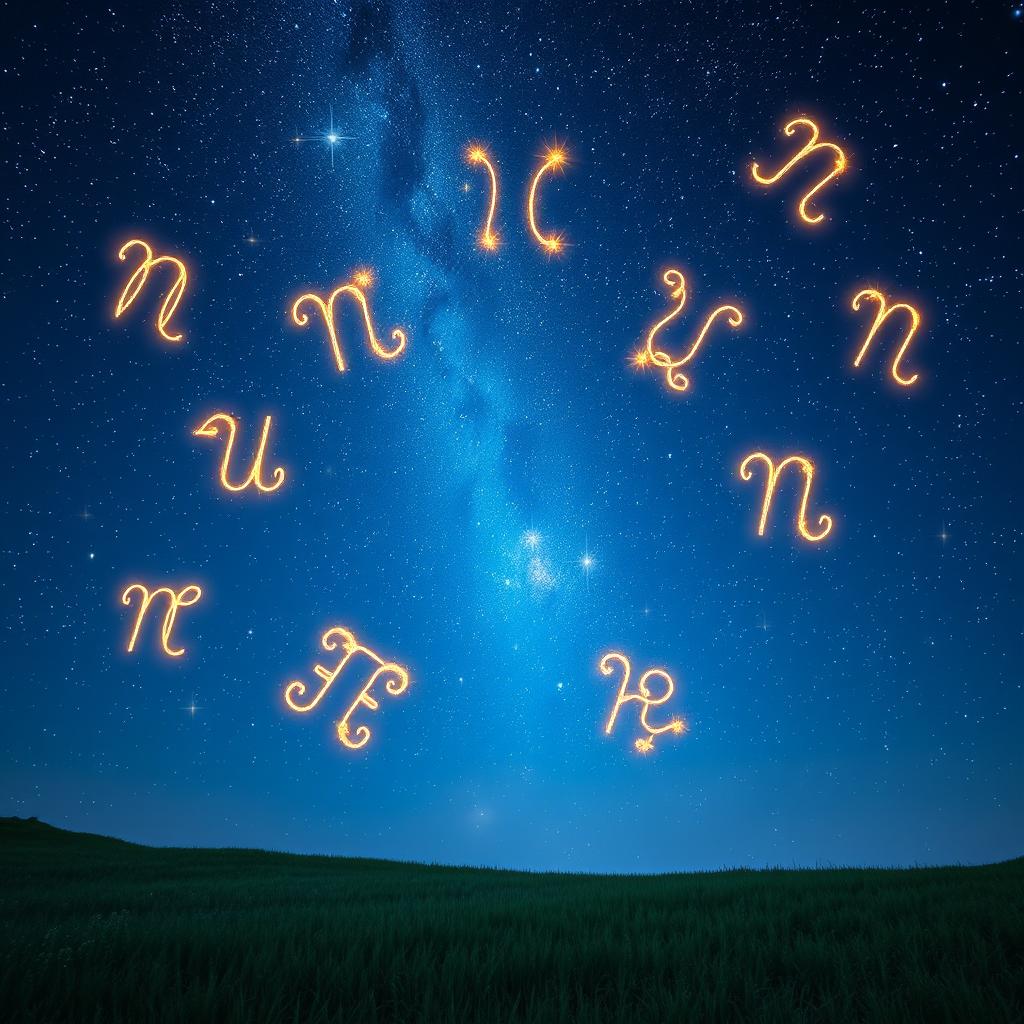 A breathtaking celestial scene featuring the twelve zodiac signs vividly represented as constellations in a starlit sky