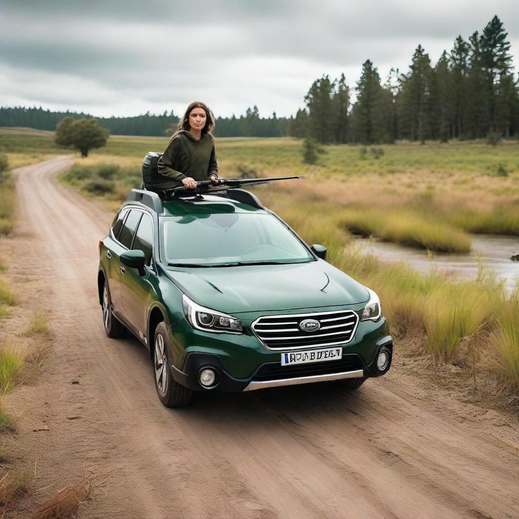 A young brunette woman driving a dark green Subaru Outback, with a fishing rod affixed on the roof of the car.