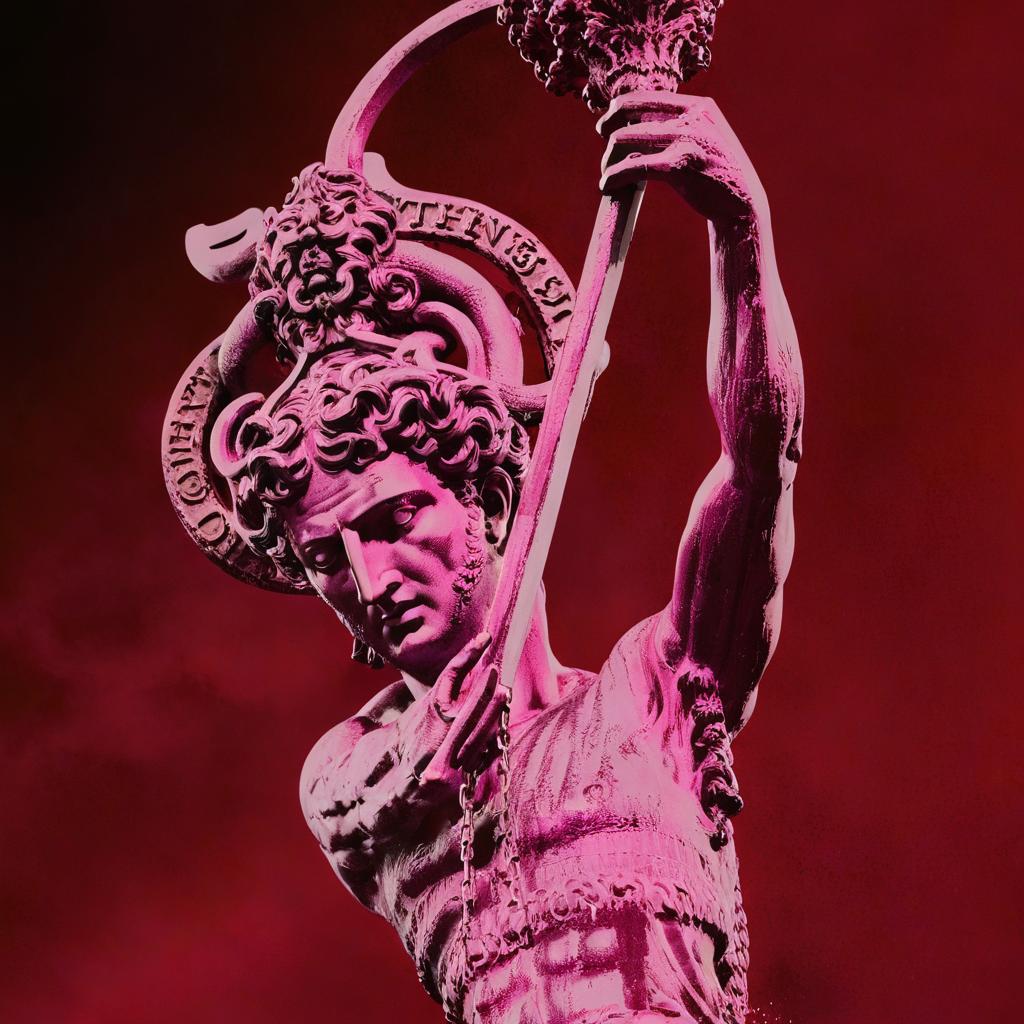 Bold Muscular Deity Sculpture: A Vibrant Pink Masterpiece
