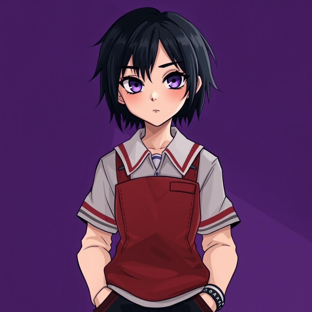 A 2D band cover featuring an emo teen character with striking black hair and captivating amethyst eyes