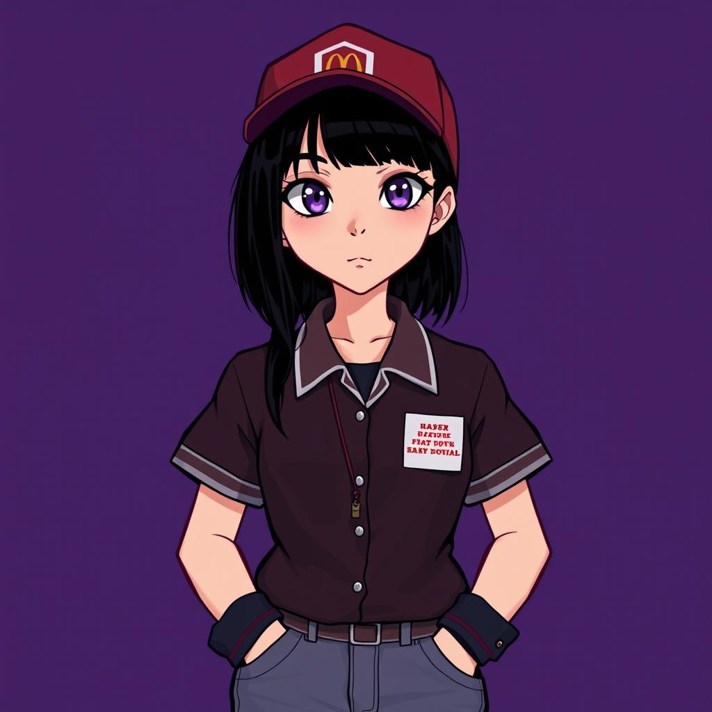 A 2D band cover for an early 2000's emo band featuring an adult character with sleek black hair and striking amethyst eyes