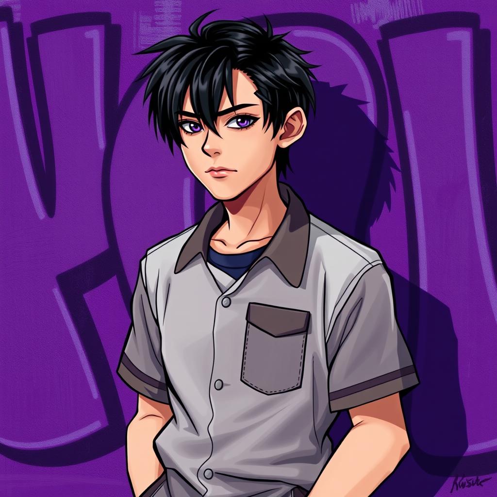 A 2D band cover for an early 2000's emo band, featuring an adult male with striking black hair and deep amethyst eyes