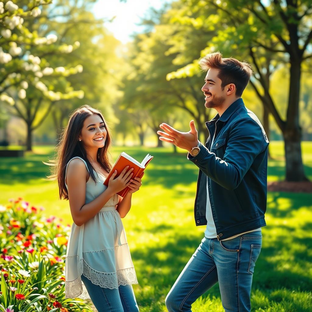 A scene depicting a confident young man approaching a beautiful girl in a park, with flowers blooming around them, sunlight filtering through the trees, creating a warm and inviting atmosphere