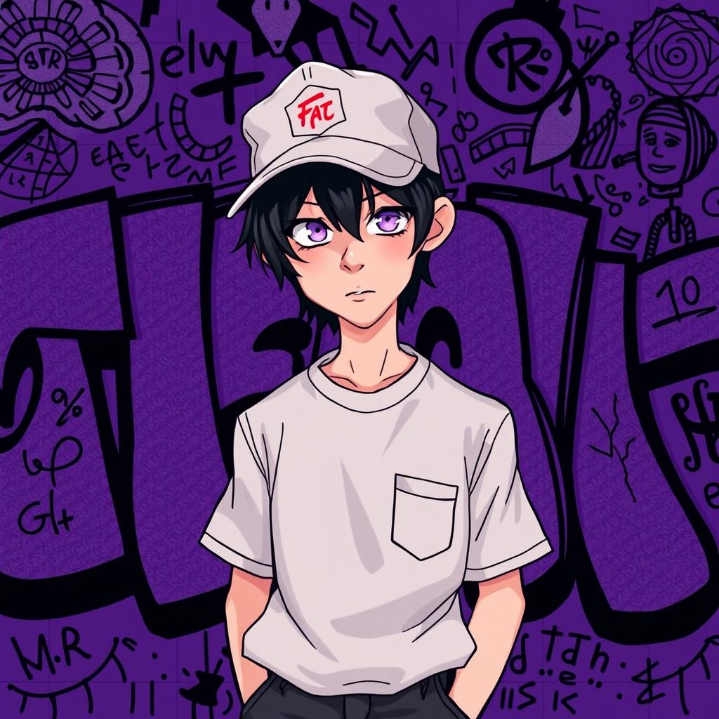 A 2D band cover for an early 2000's emo band featuring an adult male with black hair and striking amethyst eyes