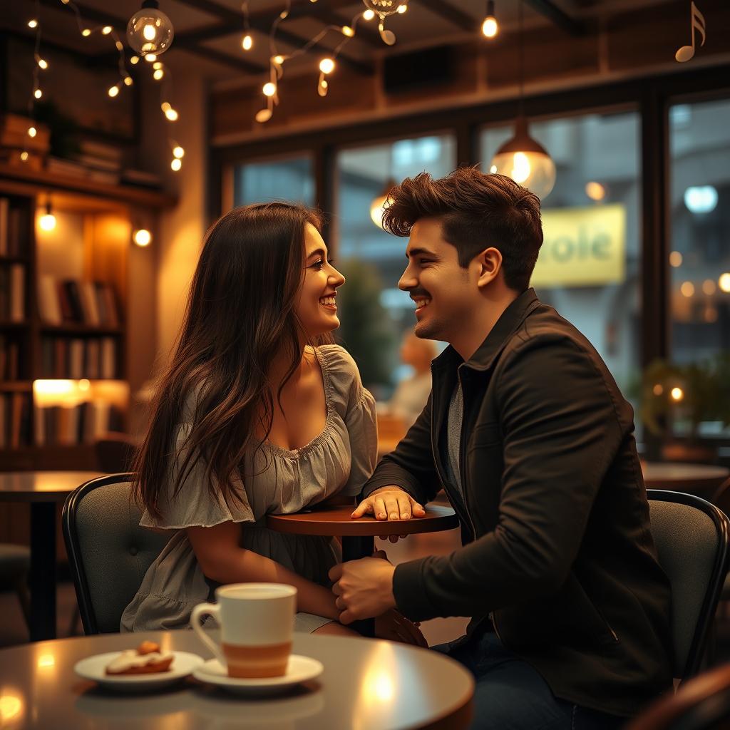 Capture a romantic evening scene at a cozy café, illuminated by warm fairy lights, with a couple sitting at a small table, sharing laughter and deep conversations