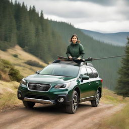 A young brunette woman driving a dark green Subaru Outback, with a fishing rod affixed on the roof of the car.