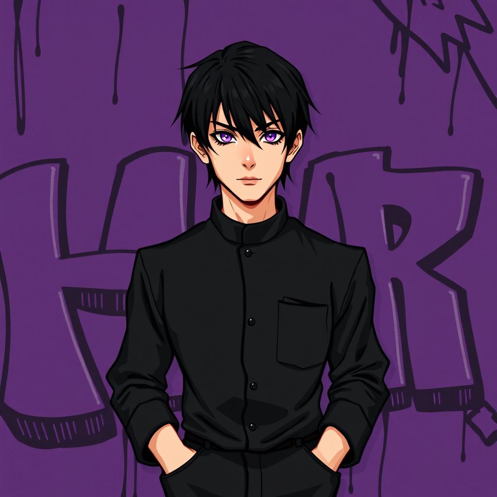 A 2D band cover design for an early 2000's emo band featuring an adult male with sleek black hair and striking amethyst eyes
