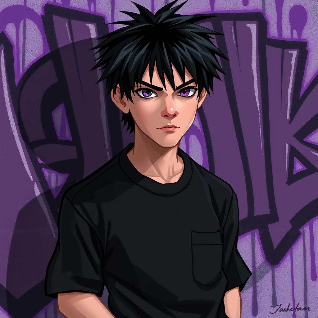 A 2D band cover for an early 2000's emo band featuring an adult male with stylish black hair and striking amethyst eyes